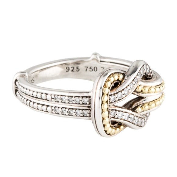 LAGOS DIAMOND NEWPORT 18K YELLOW GOLD & STERLING SILVER 925 KNOT BAND RING - Picture 3 of 9